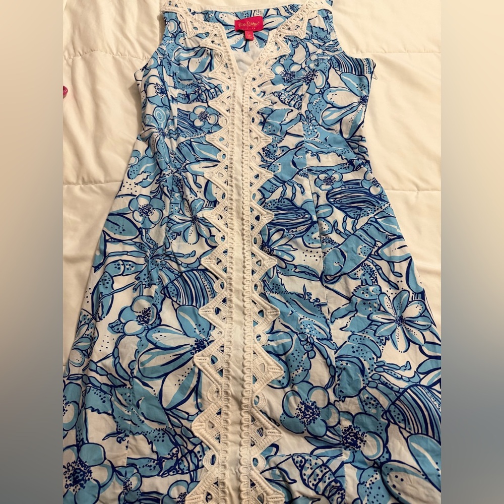 Lilly Pulitzer Jubilee Blue Floral Lace Trim Shift Dress